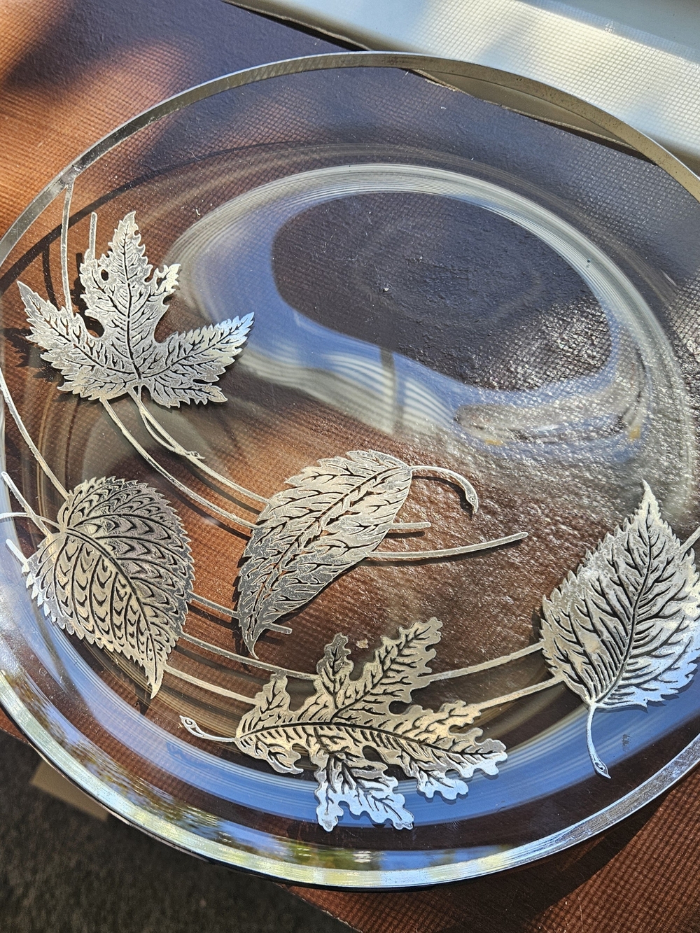 Clear Glass Platter with Silver Leaf Motif